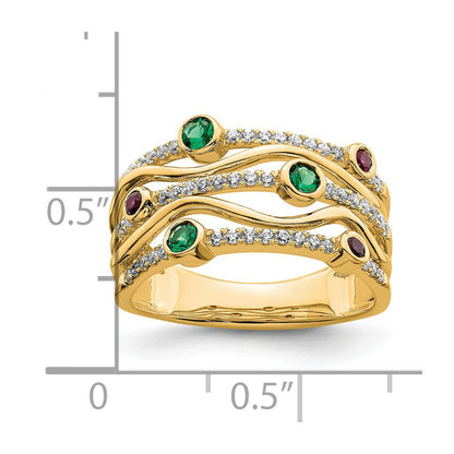 14K Gelbgold Ring mit im Labor gezüchteten Diamanten VS/SI+ G+, Rubin und Smaragd im Cabochon-Schliff, Wellen-Zargenfassung