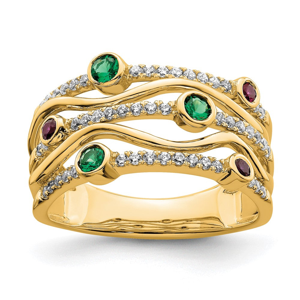 14K Gelbgold Ring mit im Labor gezüchteten Diamanten VS/SI+ G+, Rubin und Smaragd im Cabochon-Schliff, Wellen-Zargenfassung