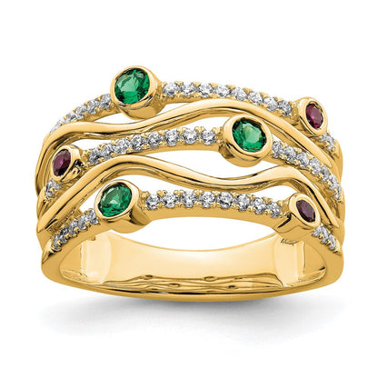 14K Gelbgold Ring mit im Labor gezüchteten Diamanten VS/SI+ G+, Rubin und Smaragd im Cabochon-Schliff, Wellen-Zargenfassung