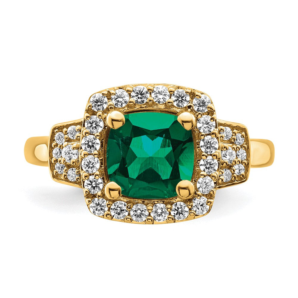 14K Gelbgold Halo-Ring mit 0,375 ct. laborgezüchteten Diamanten VS/SI+ G+ und laborgezüchteten Smaragden
