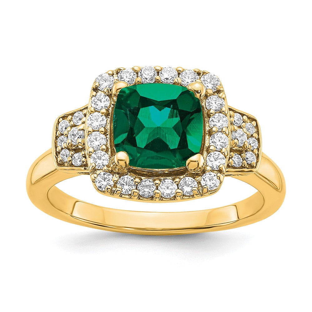 14K Gelbgold Halo-Ring mit 0,375 ct. laborgezüchteten Diamanten VS/SI+ G+ und laborgezüchteten Smaragden