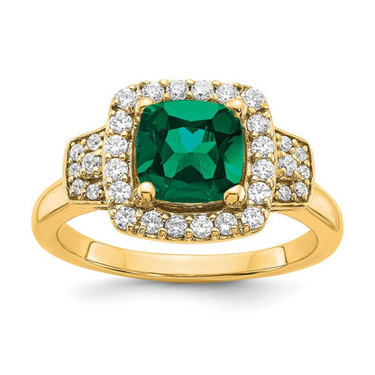 14K Gelbgold Halo-Ring mit 0,375 ct. laborgezüchteten Diamanten VS/SI+ G+ und laborgezüchteten Smaragden