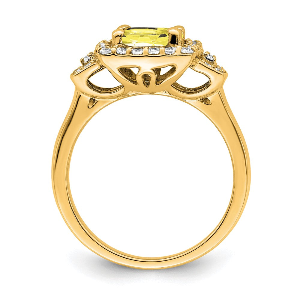 14K Gelbgold-Halo-Ring mit weißen, im Labor gezüchteten Diamanten VS/SI+ G+ und im Labor erzeugtem gelbem Saphir