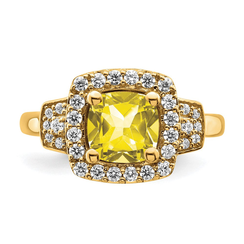 14K Gelbgold-Halo-Ring mit weißen, im Labor gezüchteten Diamanten VS/SI+ G+ und im Labor erzeugtem gelbem Saphir