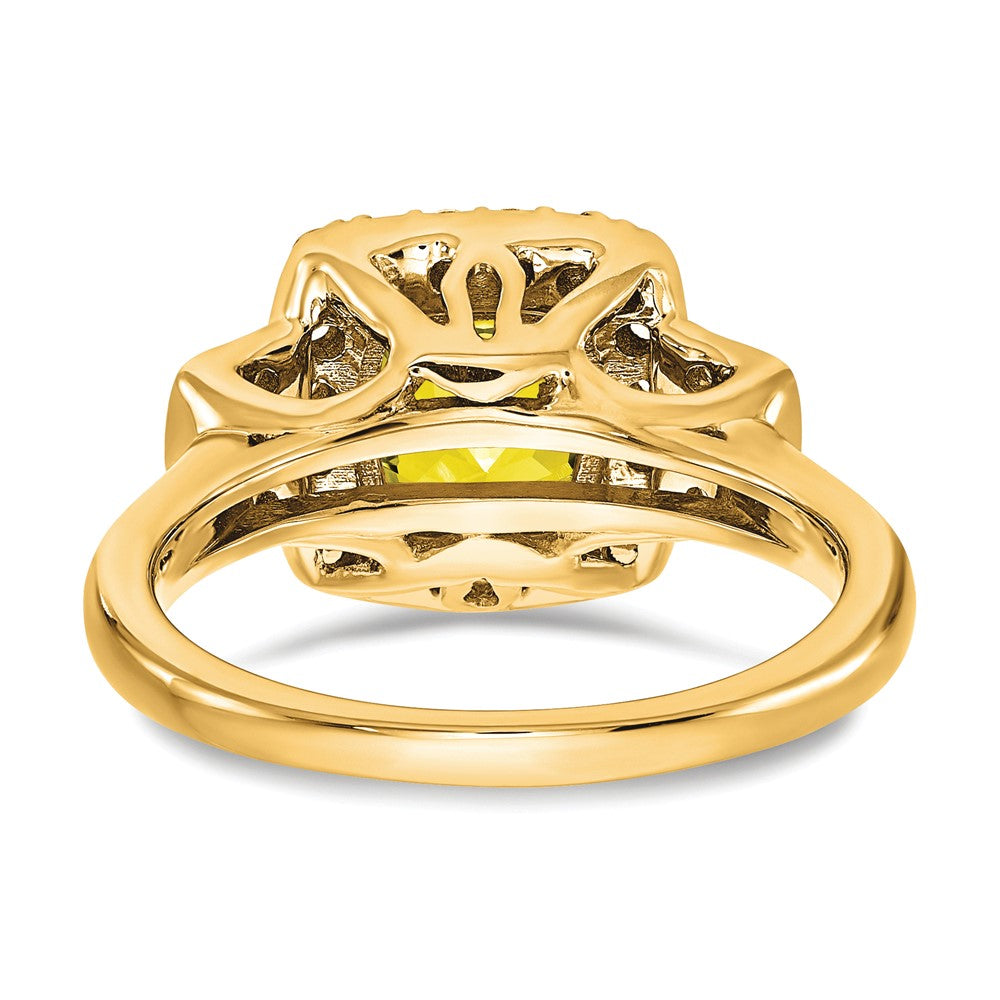 14K Gelbgold-Halo-Ring mit weißen, im Labor gezüchteten Diamanten VS/SI+ G+ und im Labor erzeugtem gelbem Saphir