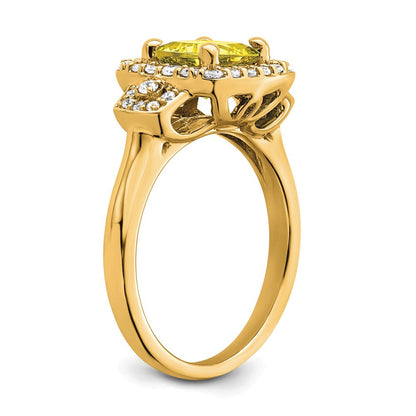 14K Gelbgold-Halo-Ring mit weißen, im Labor gezüchteten Diamanten VS/SI+ G+ und im Labor erzeugtem gelbem Saphir
