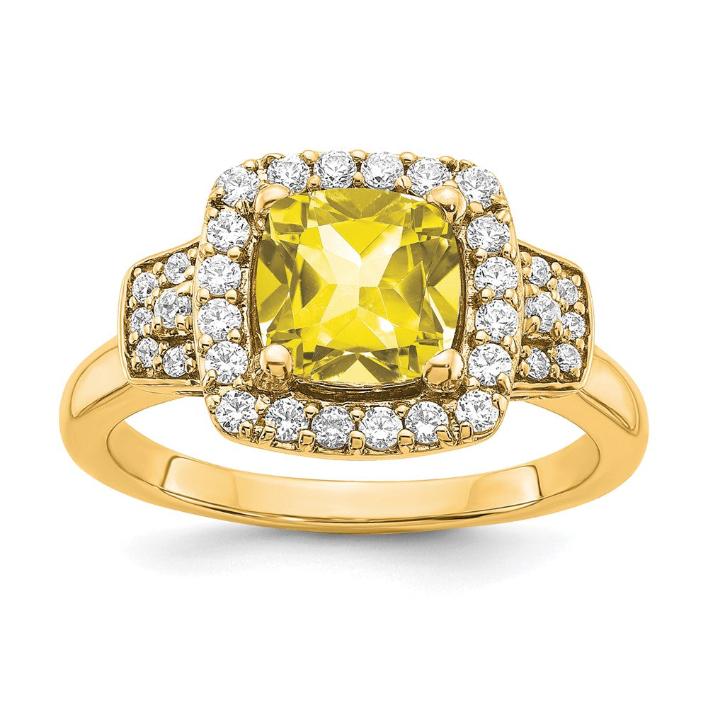 14K Gelbgold-Halo-Ring mit weißen, im Labor gezüchteten Diamanten VS/SI+ G+ und im Labor erzeugtem gelbem Saphir