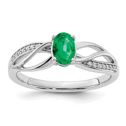 14K Weißgold Ring mit Smaragd und echtem Diamant, poliert
