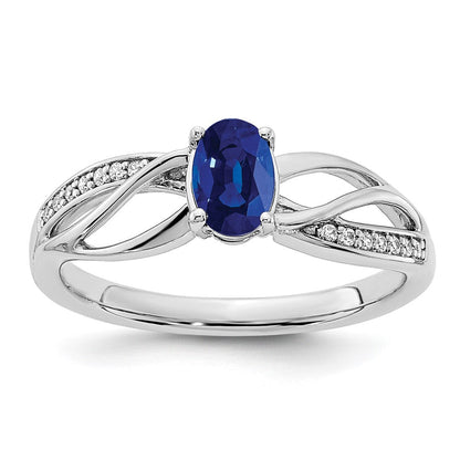 14K Weißgold Ring, poliert, mit Saphir und echtem Diamant