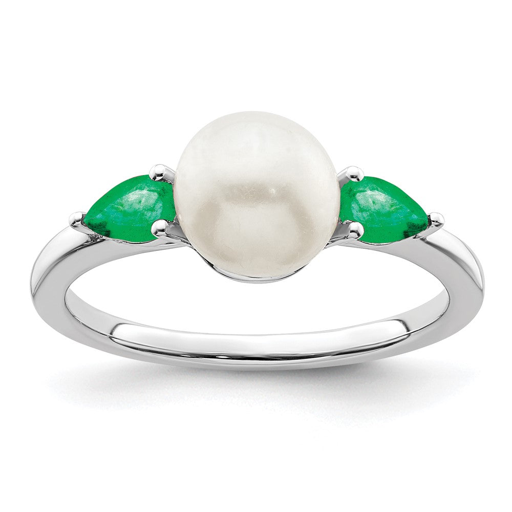 14K Weißgold Ring mit Süßwasserzuchtperle und Smaragd