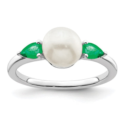 14K Weißgold Ring mit Süßwasserzuchtperle und Smaragd