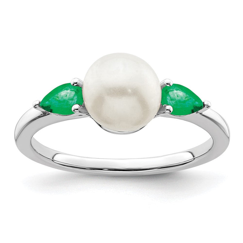 14K Weißgold Ring mit Süßwasserzuchtperle und Smaragd