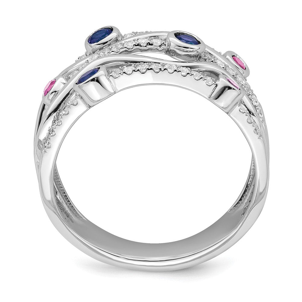 14K Weißgold Ring mit im Labor gezüchteten Diamanten und laborgezüchteten blauen und rosa Saphiren, gewellt