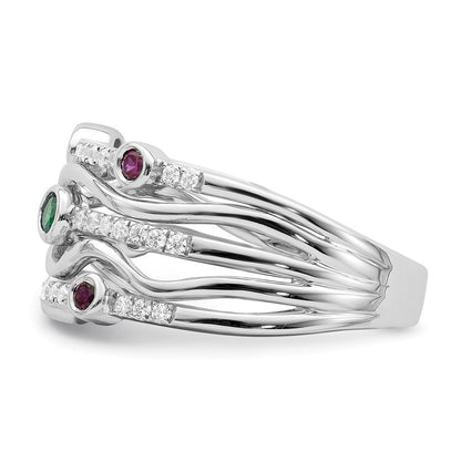 14K Weißgold Ring mit im Labor gezüchteten Diamanten und laborgezüchteten blauen und rosa Saphiren, gewellt