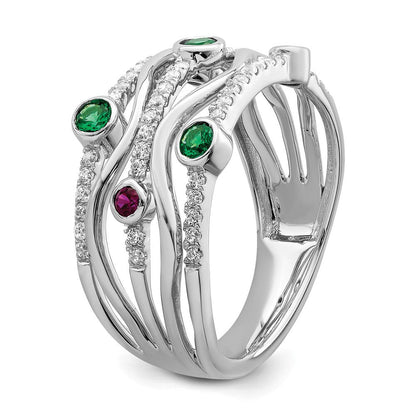 14K Weißgold Ring mit im Labor gezüchteten Diamanten und laborgezüchteten blauen und rosa Saphiren, gewellt