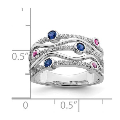 14K Weißgold Ring mit im Labor gezüchteten Diamanten und laborgezüchteten blauen und rosa Saphiren, gewellt