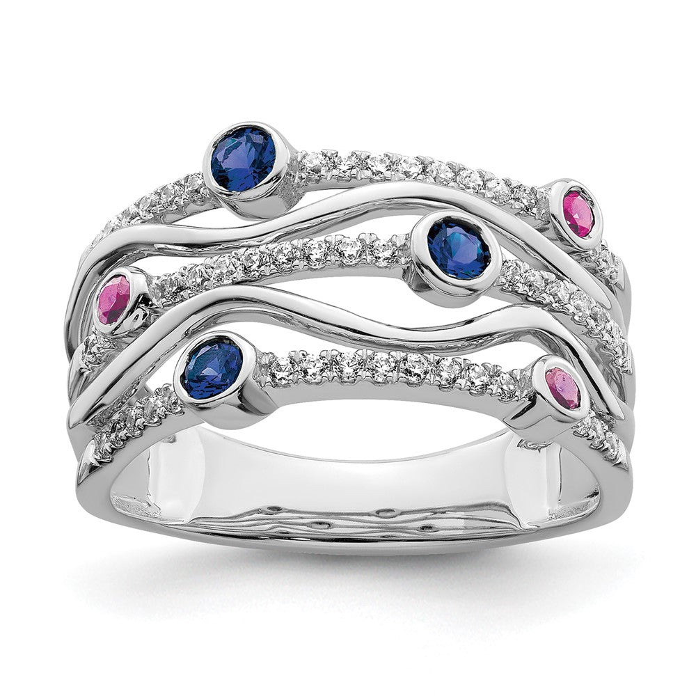 14K Weißgold Ring mit im Labor gezüchteten Diamanten und laborgezüchteten blauen und rosa Saphiren, gewellt