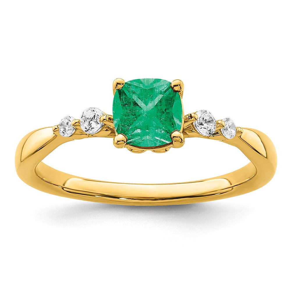 14K Gold Ring, poliert, mit Smaragd und echten Diamanten