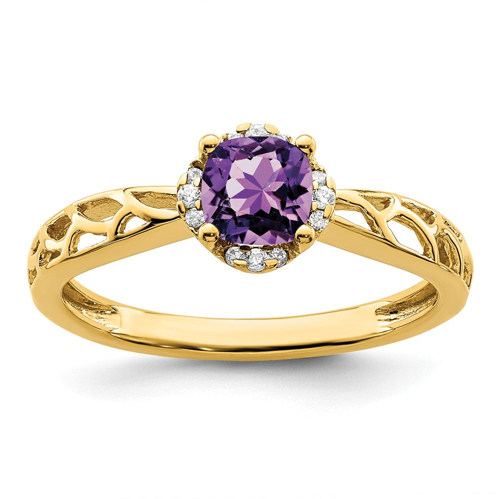 14K Gold Ring, poliert, mit Amethyst und echten Diamanten