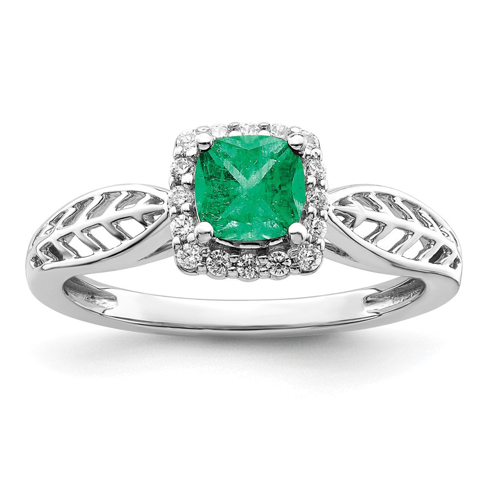 14K Weißgold Ring, poliert, mit Smaragd und echtem Diamant, Halo-Fassung