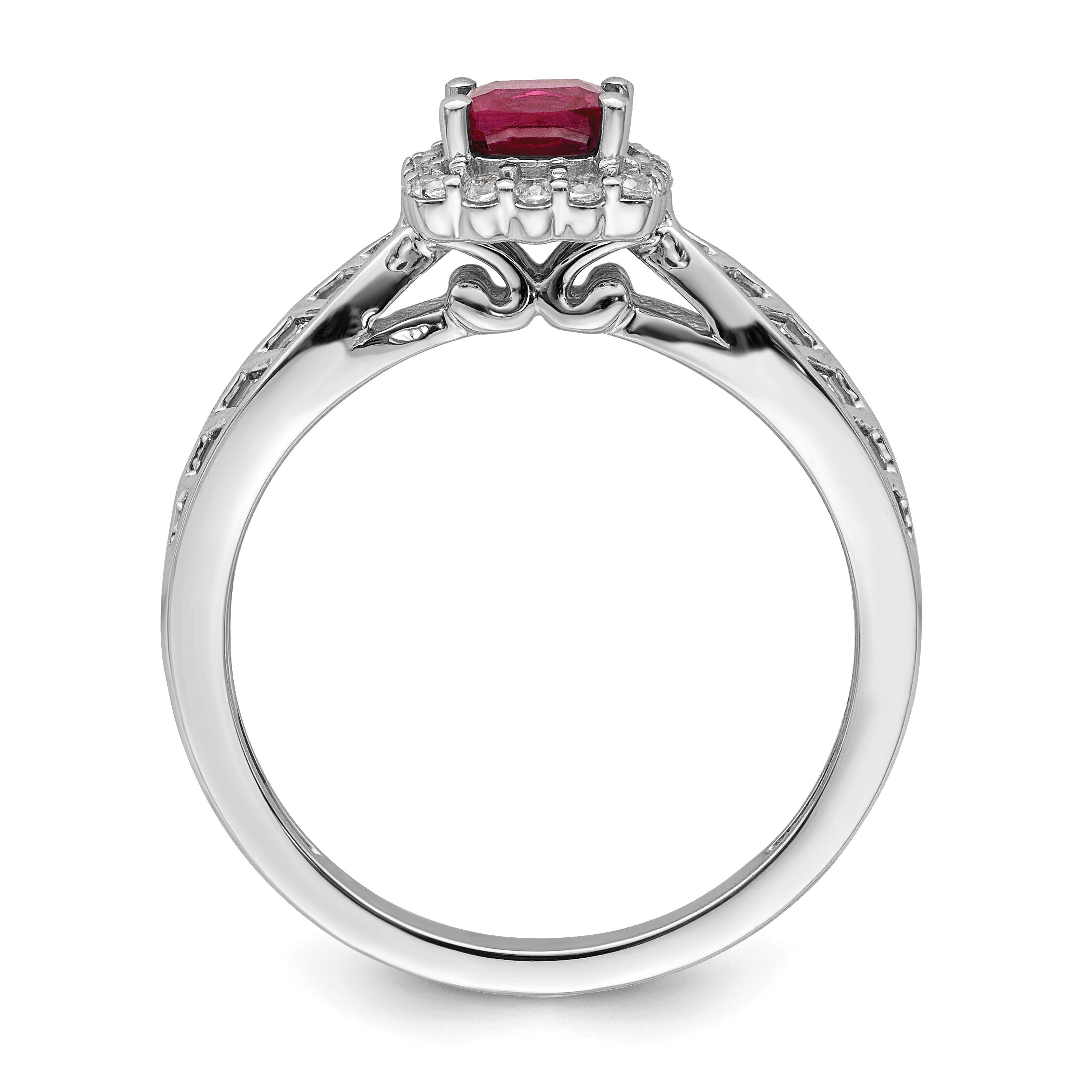 14K Weißgold Ring, poliert, mit Rubin und echtem Diamant-Halo