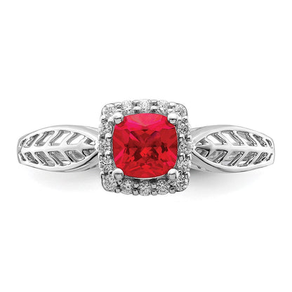 14K Weißgold Ring, poliert, mit Rubin und echtem Diamant-Halo