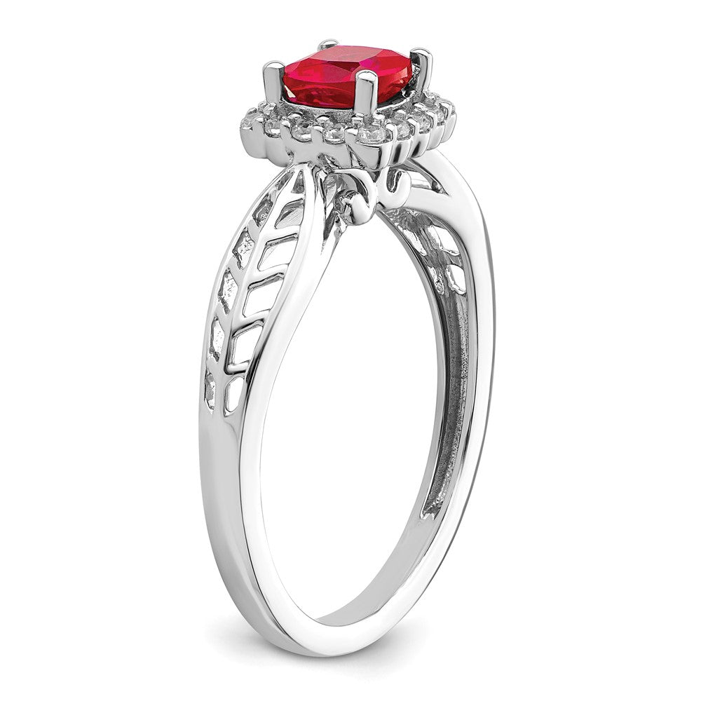 14K Weißgold Ring, poliert, mit Rubin und echtem Diamant-Halo