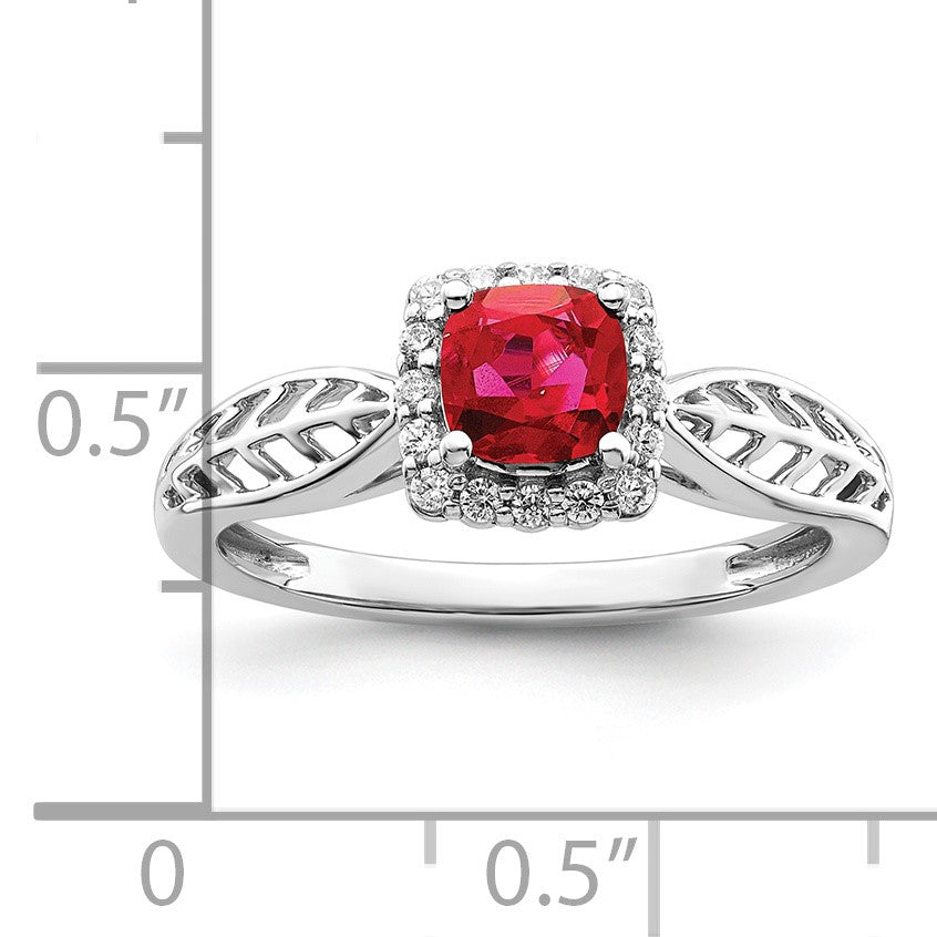 14K Weißgold Ring, poliert, mit Rubin und echtem Diamant-Halo