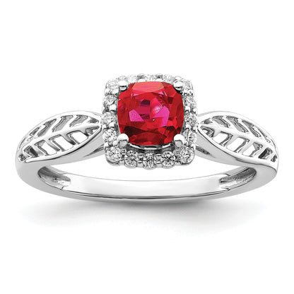 14K Weißgold Ring, poliert, mit Rubin und echtem Diamant-Halo