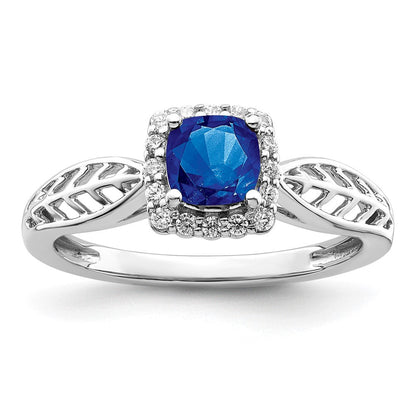 14K Weißgold Ring mit Saphir und echten Diamanten, poliert, Halo-Fassung