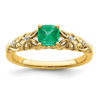 14K Gold Polierter Ring mit Smaragd und echtem Diamant