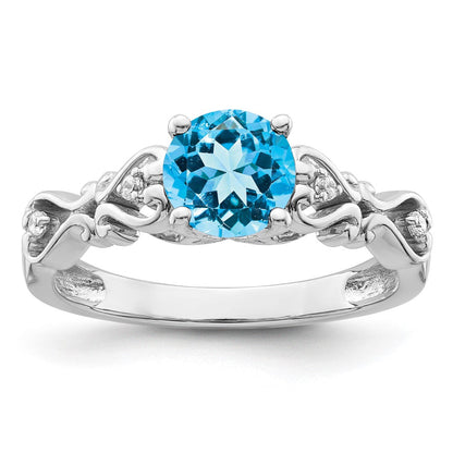 14K Weißgold Ring, poliert, mit Blautopas und echtem Diamant