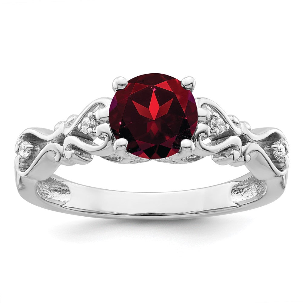 14K Weißgold Ring, poliert, mit Granat und echtem Diamant