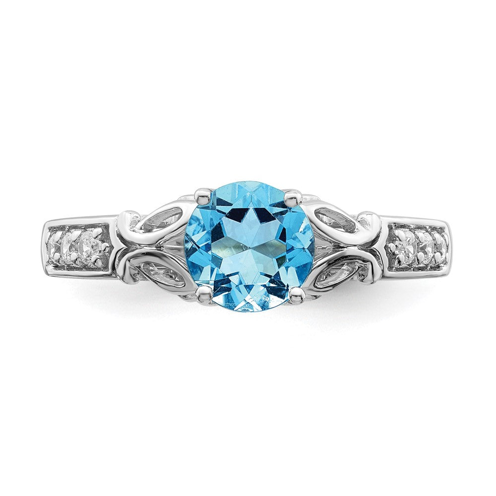14K Weißgold Ring, poliert, mit blauem Topas und echtem Diamant