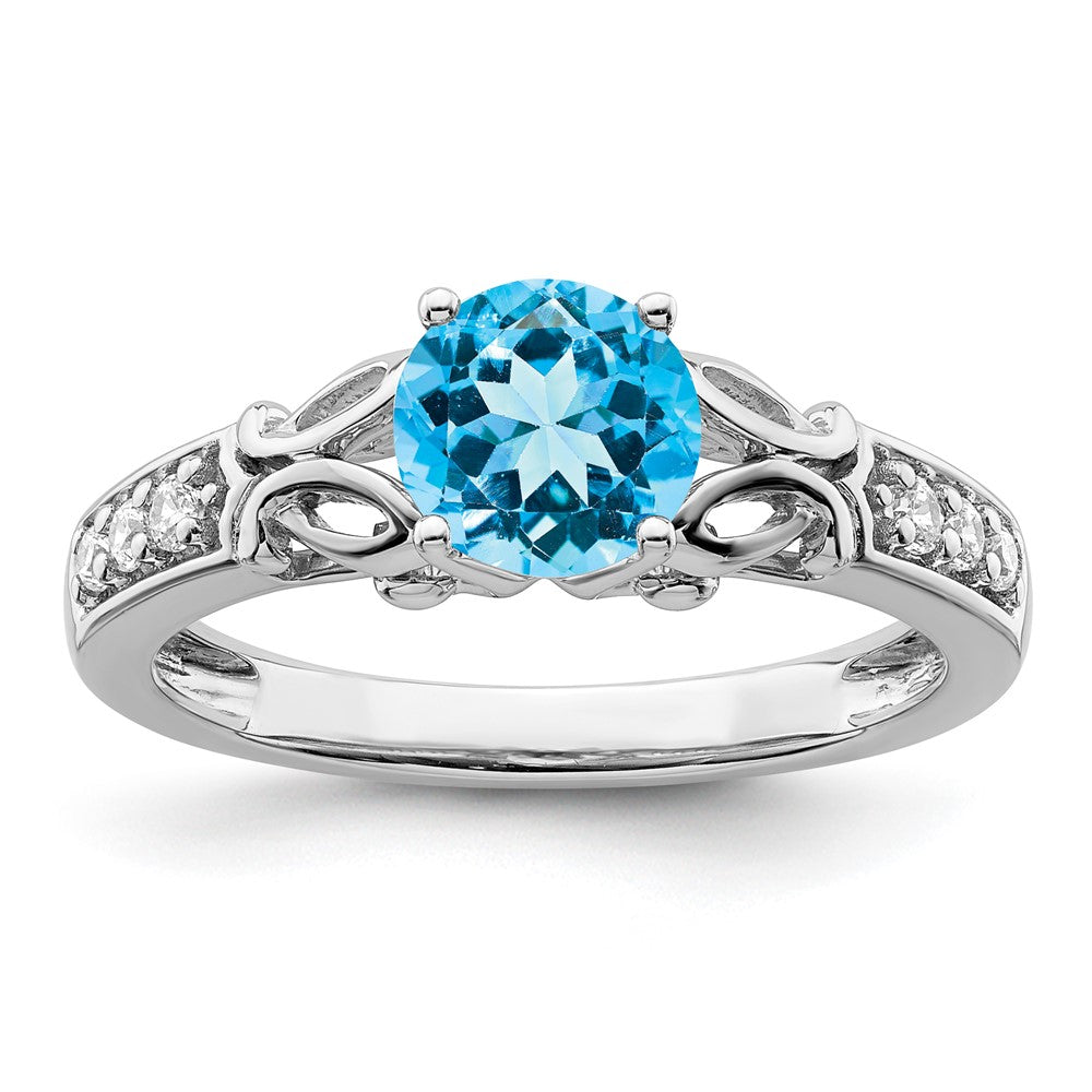 14K Weißgold Ring, poliert, mit blauem Topas und echtem Diamant