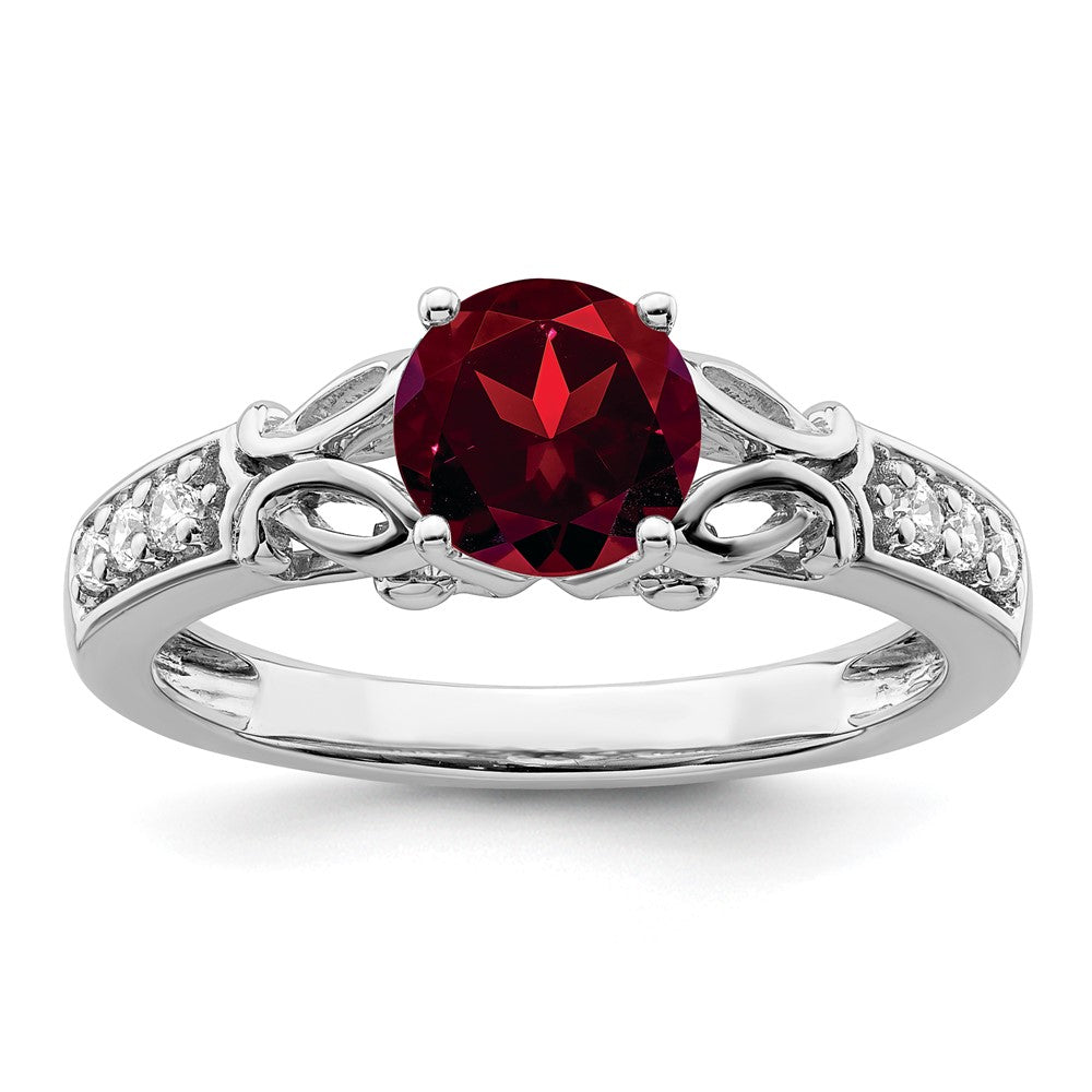14K Weißgold Ring, poliert, mit Granat und echten Diamanten