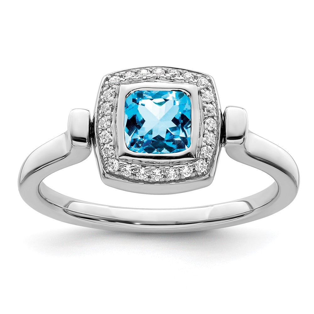 14K Weißgold Ring mit Blautopas und echtem Diamant, poliert, Wendering