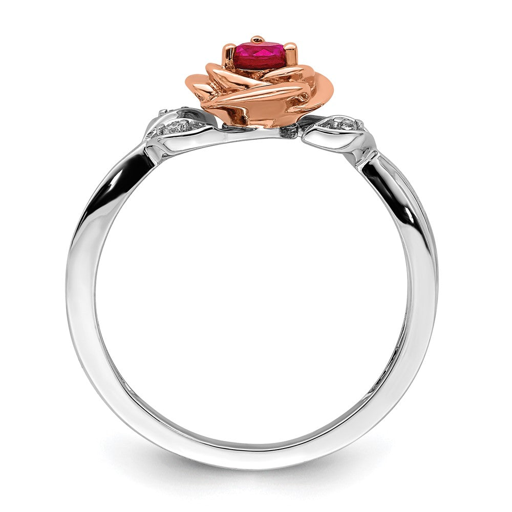 14K Zweifarbiger Gold-Ring in Weiß & Roségold mit Rubin-Blumenmuster und echten Diamanten
