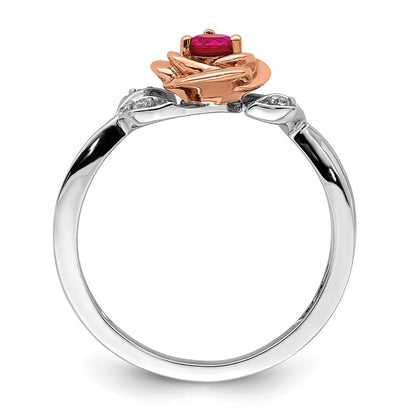 14K Zweifarbiger Gold-Ring in Weiß & Roségold mit Rubin-Blumenmuster und echten Diamanten