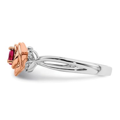 14K Zweifarbiger Gold-Ring in Weiß & Roségold mit Rubin-Blumenmuster und echten Diamanten