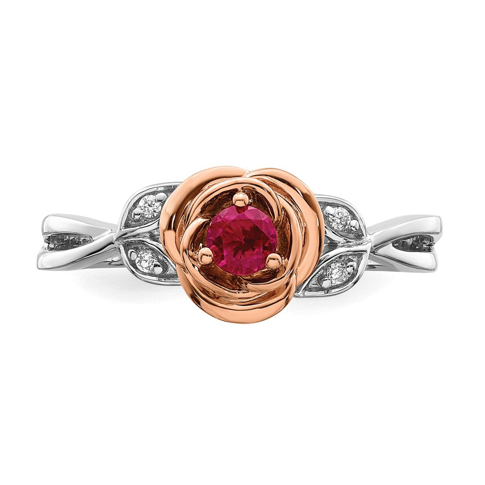 14K Zweifarbiger Gold-Ring in Weiß & Roségold mit Rubin-Blumenmuster und echten Diamanten