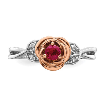 14K Zweifarbiger Gold-Ring in Weiß & Roségold mit Rubin-Blumenmuster und echten Diamanten