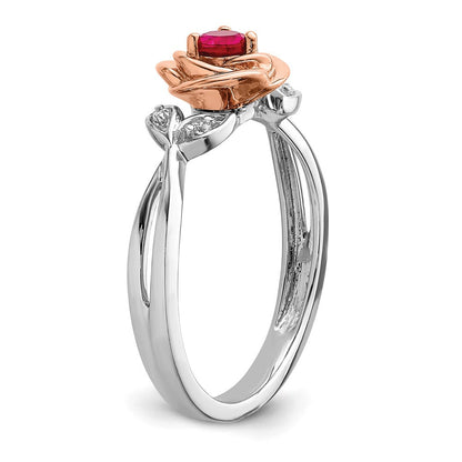 14K Zweifarbiger Gold-Ring in Weiß & Roségold mit Rubin-Blumenmuster und echten Diamanten