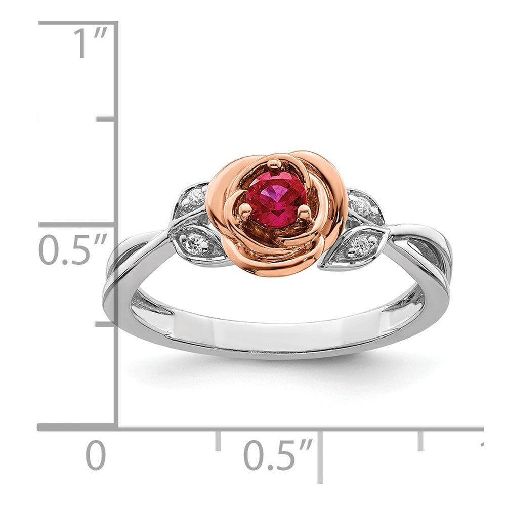 14K Zweifarbiger Gold-Ring in Weiß & Roségold mit Rubin-Blumenmuster und echten Diamanten