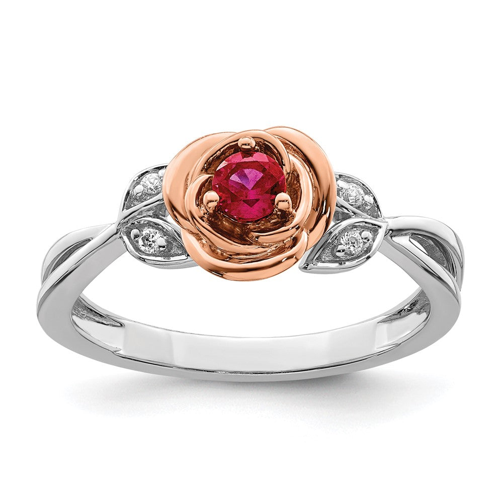 14K Zweifarbiger Gold-Ring in Weiß & Roségold mit Rubin-Blumenmuster und echten Diamanten