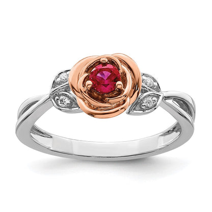 14K Zweifarbiger Gold-Ring in Weiß & Roségold mit Rubin-Blumenmuster und echten Diamanten