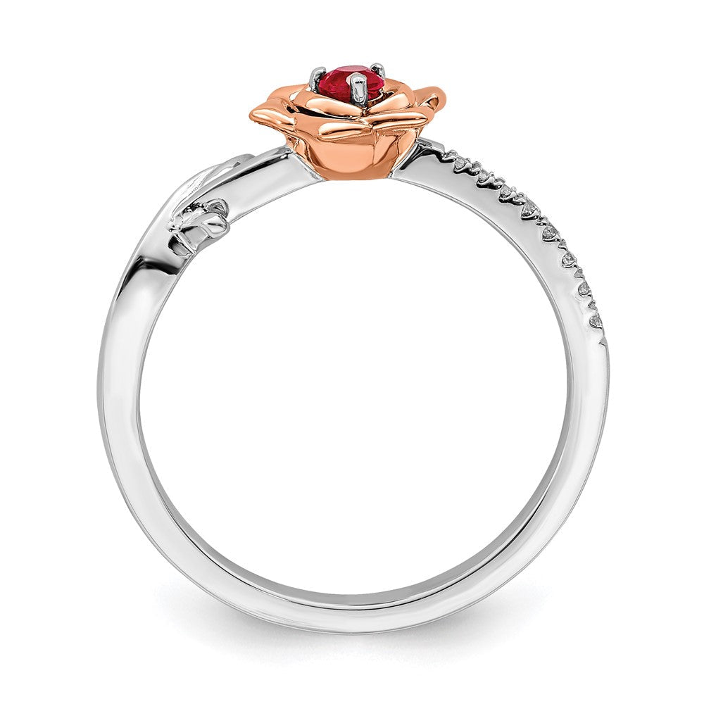 14K Bicolor Gold Blumen-Ring mit Rubin und echtem Diamant in Weiß & Rosé