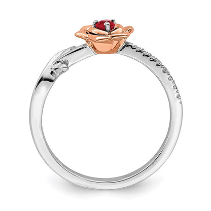 14K Bicolor Gold Blumen-Ring mit Rubin und echtem Diamant in Weiß & Rosé