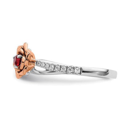 14K Bicolor Gold Blumen-Ring mit Rubin und echtem Diamant in Weiß & Rosé