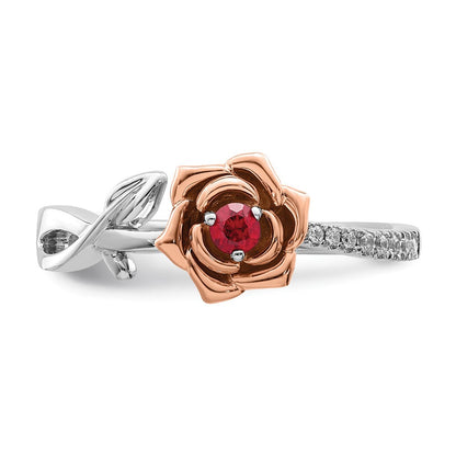 14K Bicolor Gold Blumen-Ring mit Rubin und echtem Diamant in Weiß & Rosé